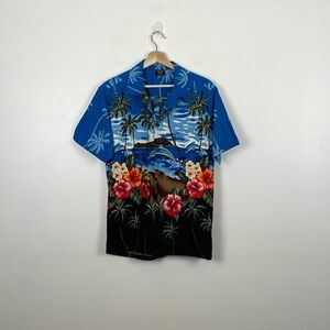 Palmwave Hawaii Mens S Button Down Tree Print 1 Front Pocket Blue Red Shirt